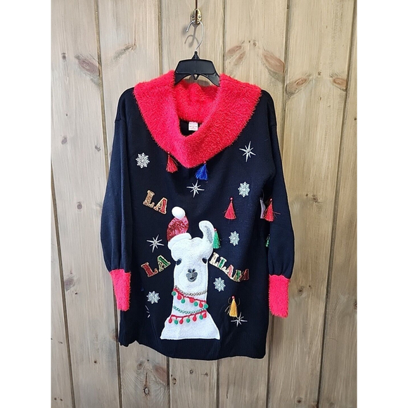 Holiday Time Sweaters - Holiday Sweater Tunic Dress La La Llama Sequins Tassel Sz LARGE